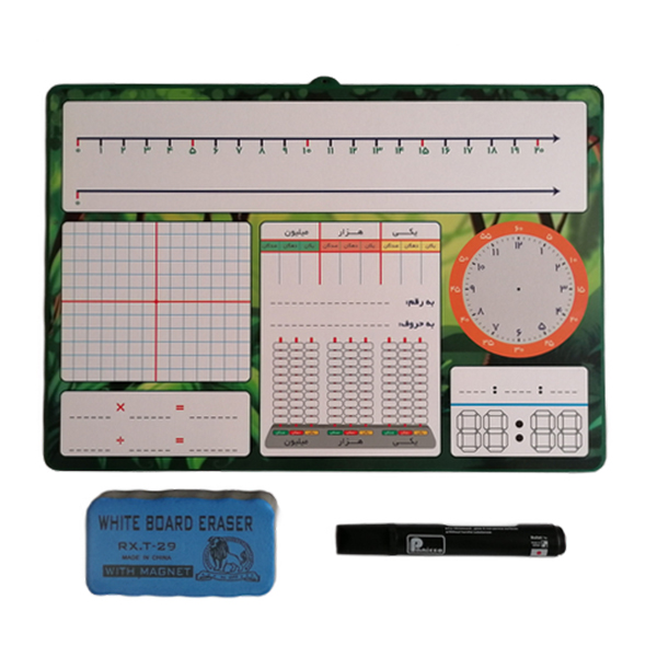 تخته وایت برد مدل ریاضی کد 7610454 سایز 33×23 سانتی متر به همراه ماژیک وایت برد و تخته پاک کن