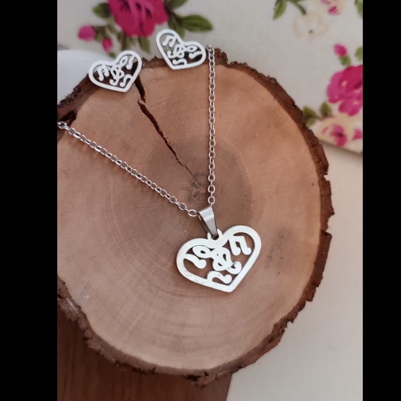 نیم ست نقره ای رنگ ثابت طرح قلب نوت(کد999)