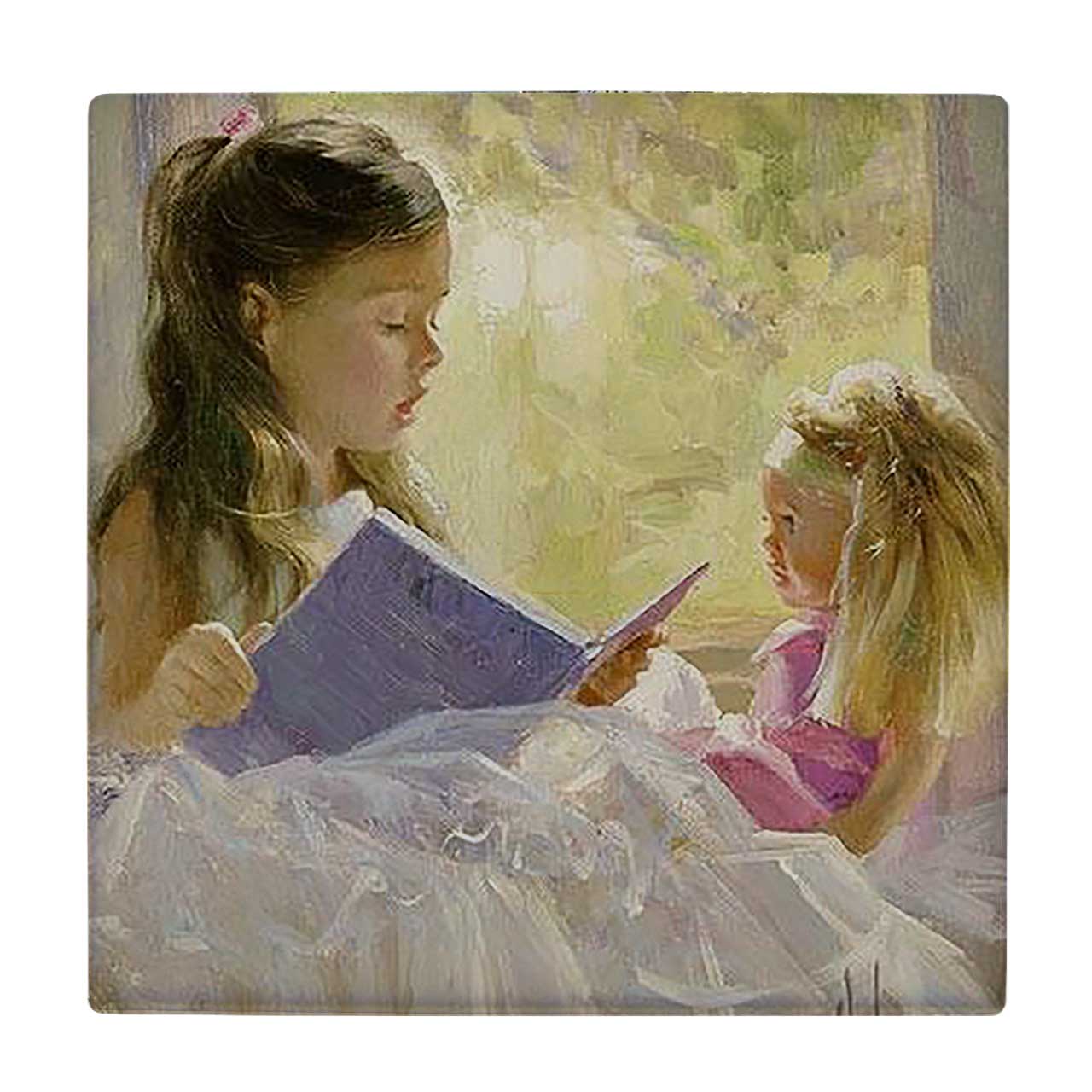  کاشی کارنیلا طرح نقاشی دختر کتابخوان و عروسک کد wkk3571