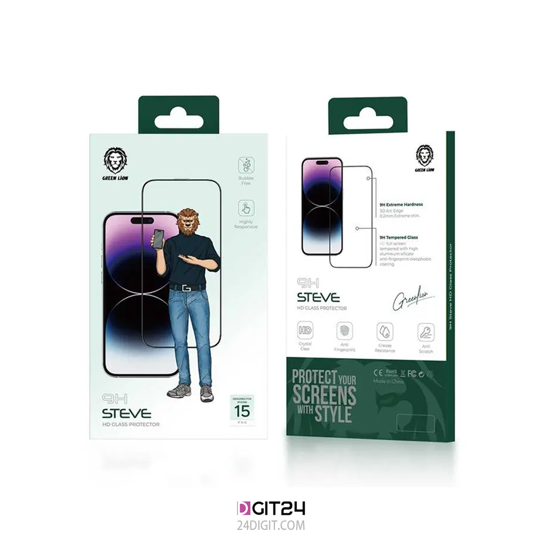 محافظ صفحه شیشه ای شفاف آیفون 15 پرو گرین مدل Steve