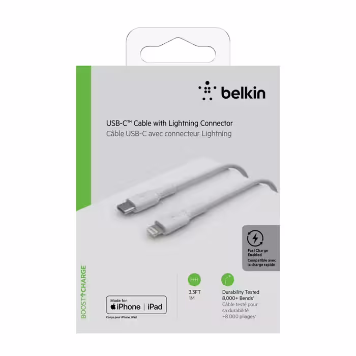 کابل تبدیل USB-C به لایتنینگ بلکین مدل CAA003bt1MWH Fast Charge به طول 1 متر