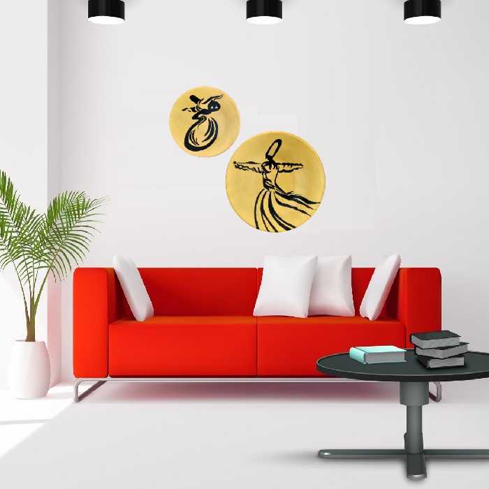 بشقاب دیوارکوب سفالی طرح سماع مجموعه 2 عددی