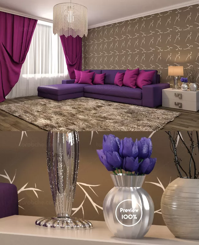 تصویر با کیفیت طراحی داخلی با مبلمان بنفش - گرافیک با طعم تربچه