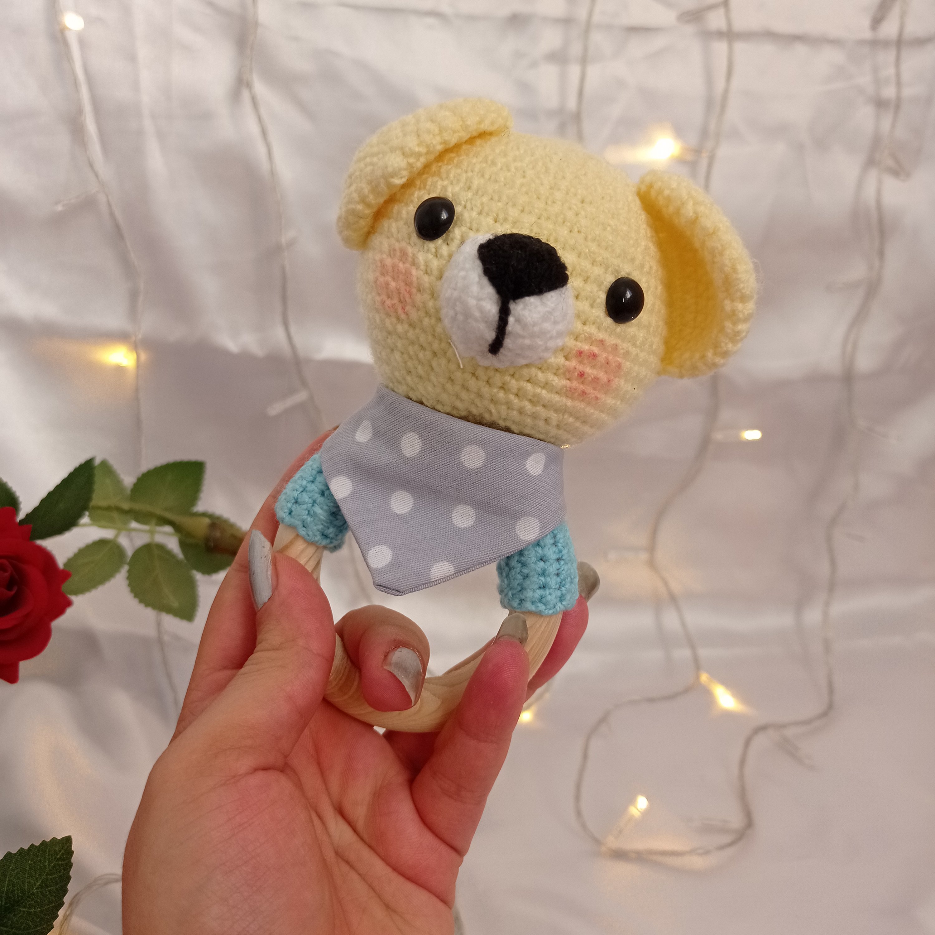 جغجغه خرس  دست بافت،مناسب برای پسر بچه،کرم  رنگ