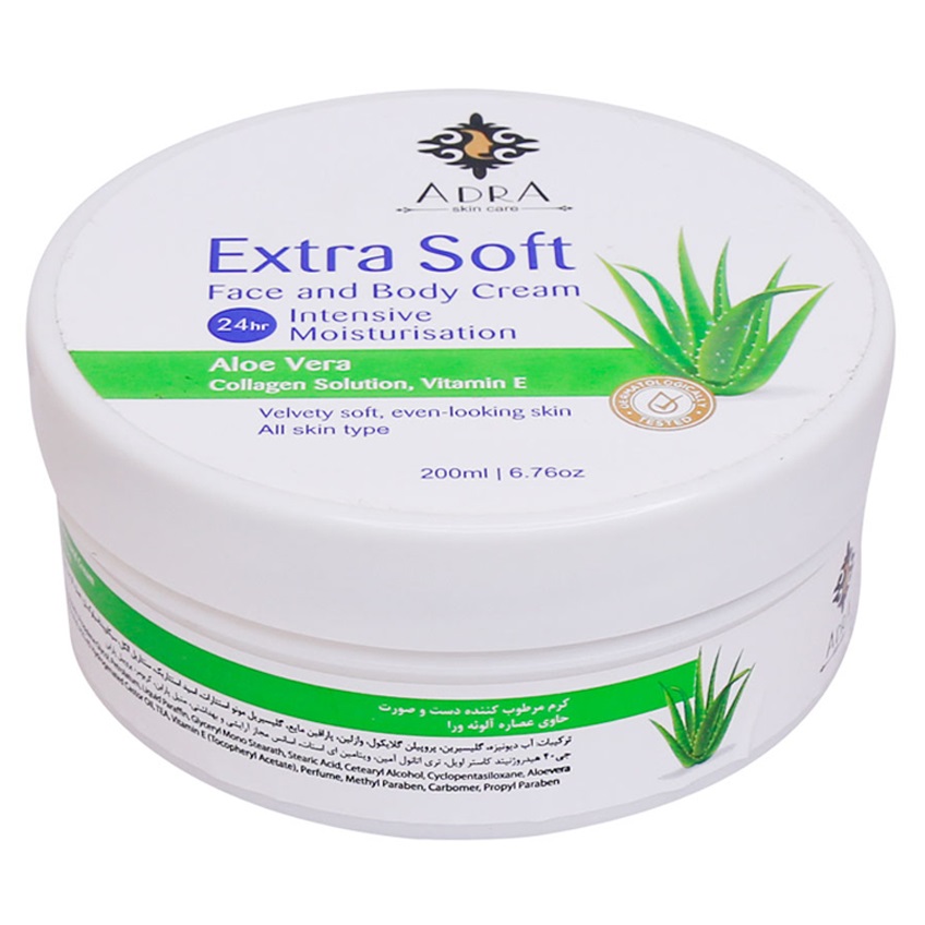 آدرا کرم کاسه ای مرطوب کننده دست و صورت حاوی عصاره آلوئه ورا انواع پوست 200 میل