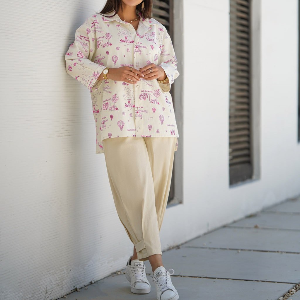 شومیز یقه مردانه طرحدار فری از 36 تا 46 لینن طرحدار قد پیش 70 قد پشت 75 شلوار سندبادی هم موجوده