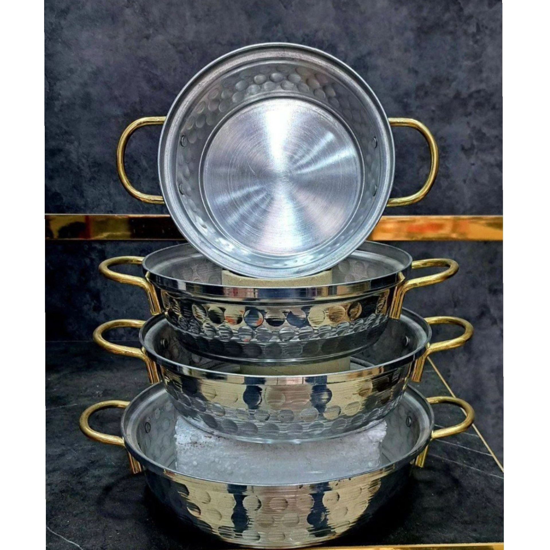 تابه روحی چکشی 4تایی دسته طلایی(ماهیتابه چکشی 2دسته4تیکه)سرویس روحی