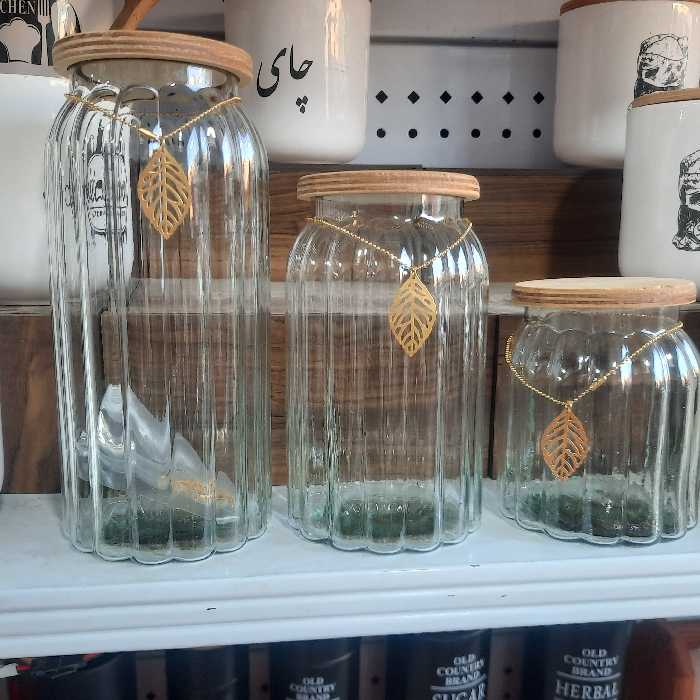 بانکه شیشه ای ست سه عددی درب چوبی جا ی چای دمنوش حبوبات گل رز  