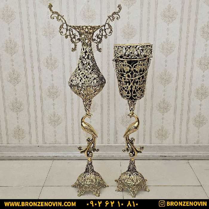 ست سطل و جا دستمال و گلدان برنز کنارسالنی مدل نیلوفر پایه درنا کد 1798