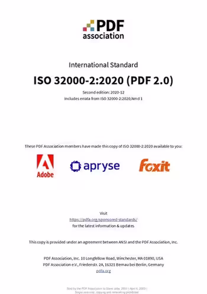 خرید و دانلود نسخه کامل کتاب ISO 32000-2:2020 — Document management - Portable document format - Part 2: PDF 2.0 (sponsored)