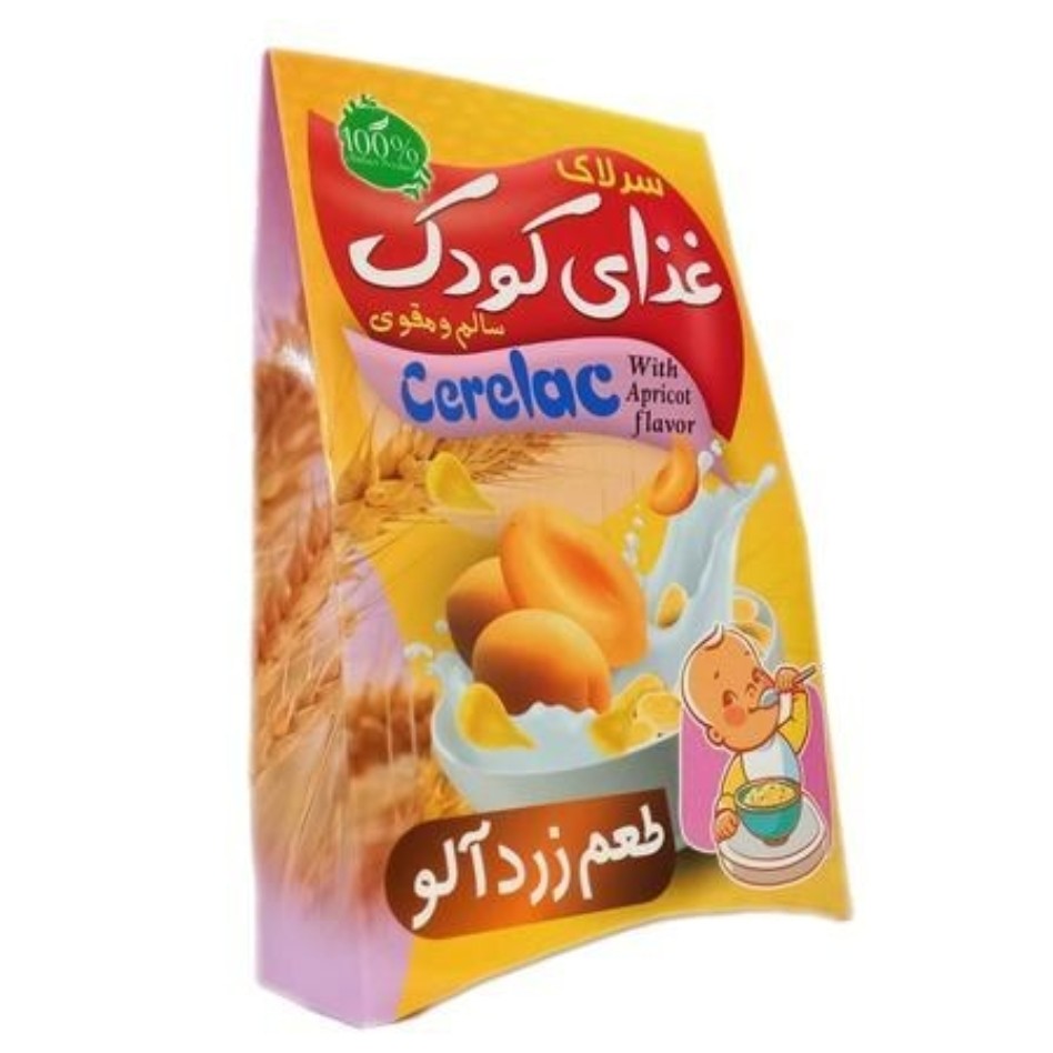 سرلاک گیاهی با طعم زردآلو غذای کودک 200گرمی از گندم و جو و نخود و عدس و سویق سنجد و زرد آلو و شکر نیشکر غذاکودک