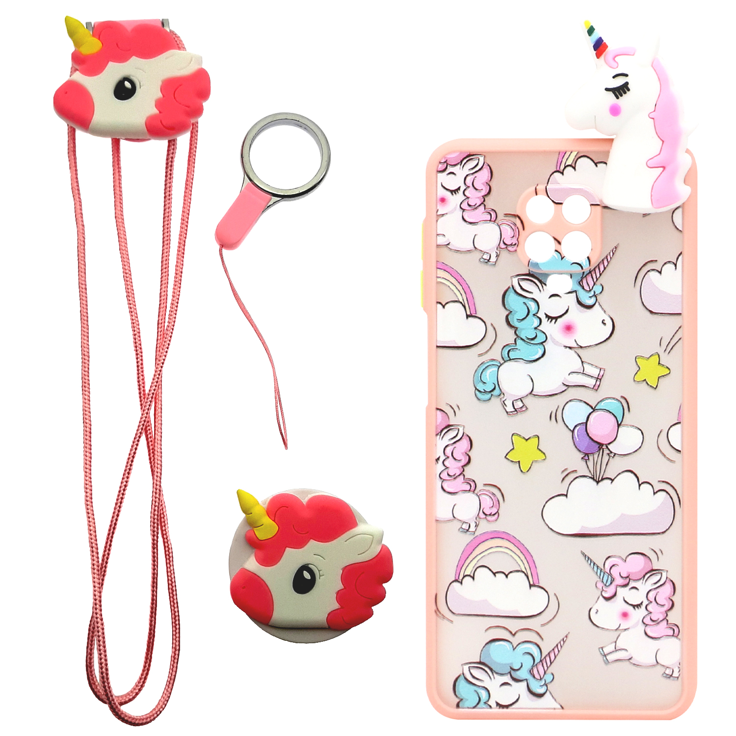 کاور طرح یونیکورن مدل TNG-01 مناسب برای گوشی موبایل شیائومی Redmi Note 9s / Note 9 Pro به همراه پاپ سوکت و بند 