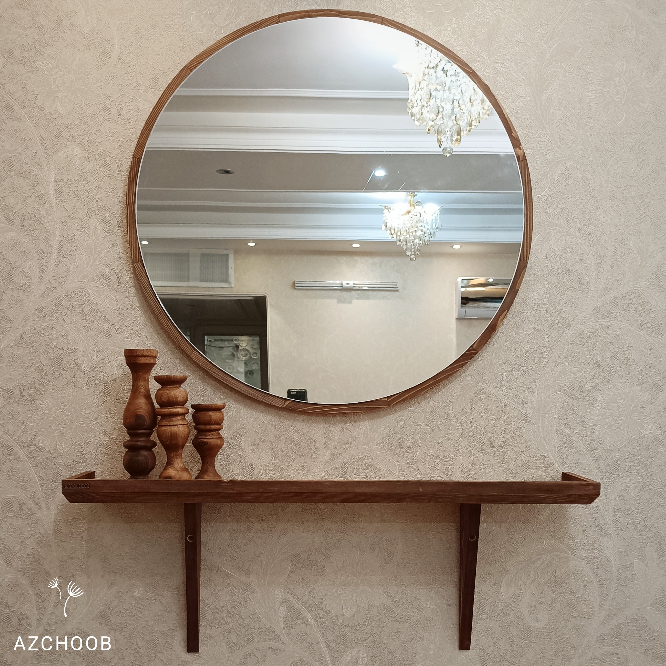 آینه با قاب چوبی گرد قطر 80 رنگ گردویی (پس کرایه)