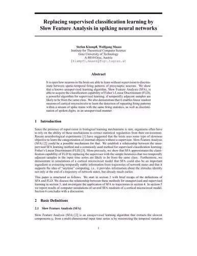 خرید و دانلود نسخه کامل کتاب Replacing supervised classification learning by Slow Feature Analysis in spiking neural networks