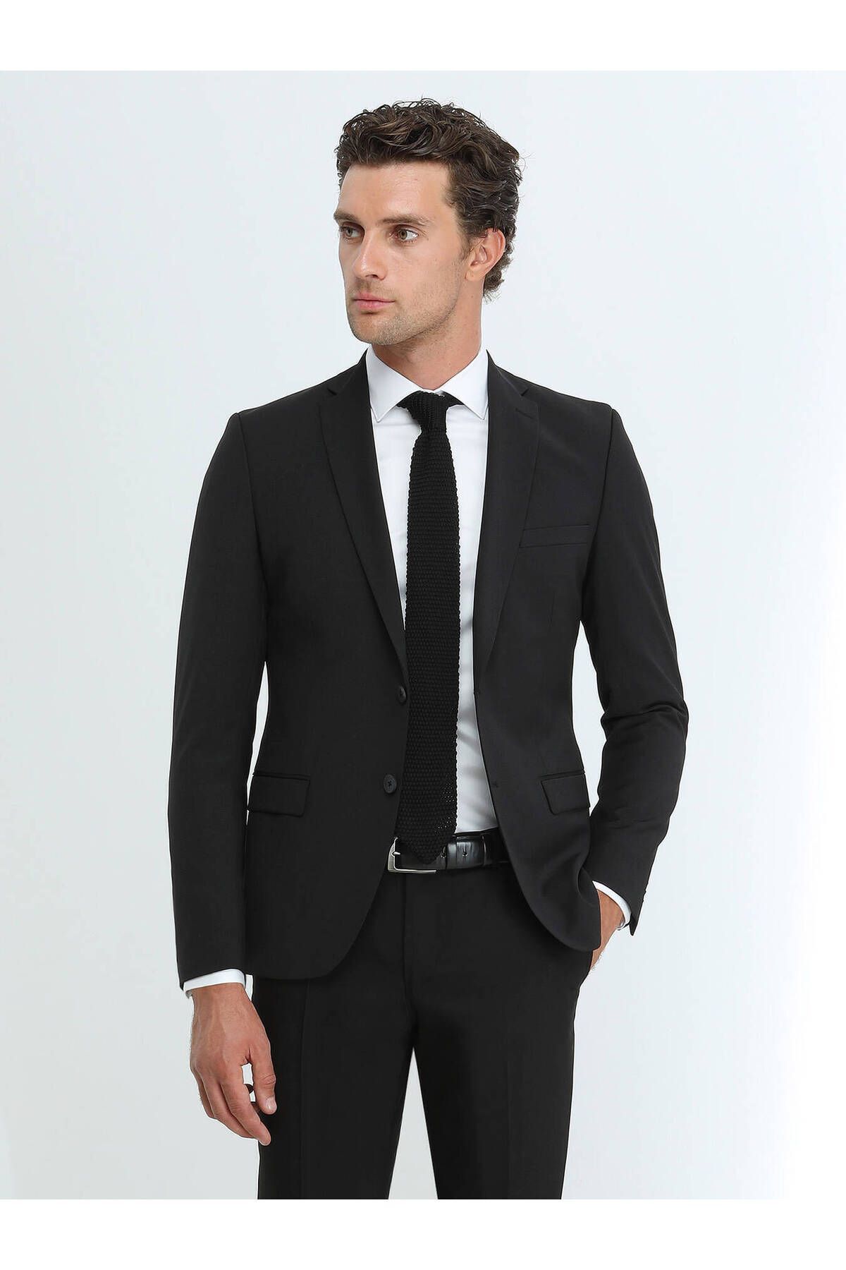 کت وشلوار مشکی مردانه سیاه MONA COLLAR SINKL SLIT SLIM FIT WOOL MIXED BASIC DROP کلاسیک Kip