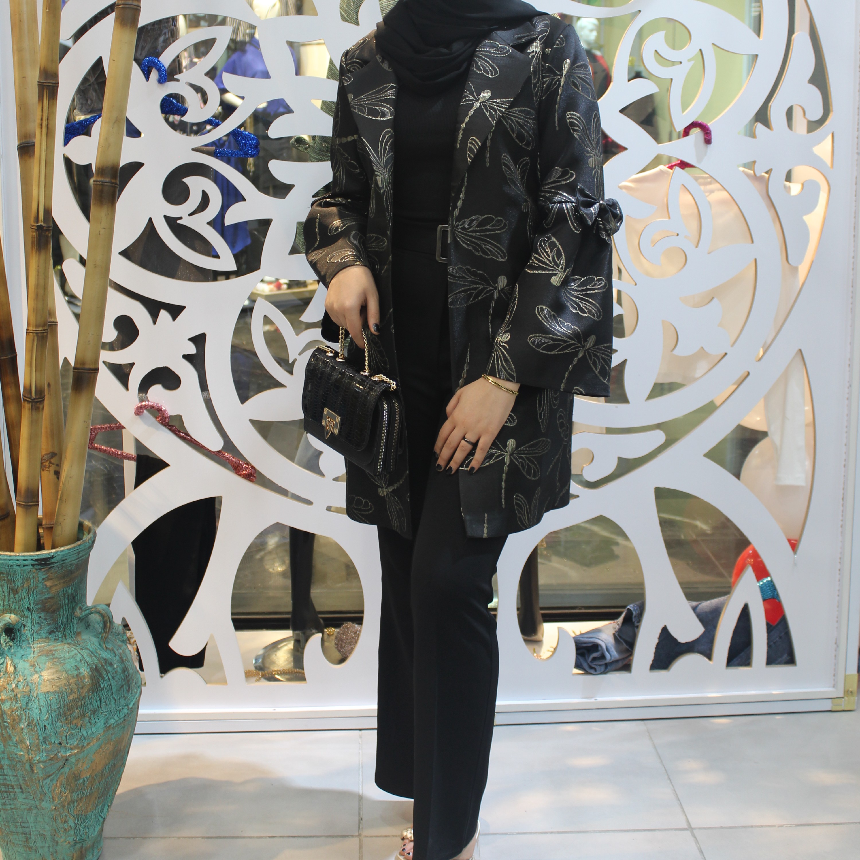 مانتو ژاکارد قد 90 استین پاپیون یقه انگلیسی 