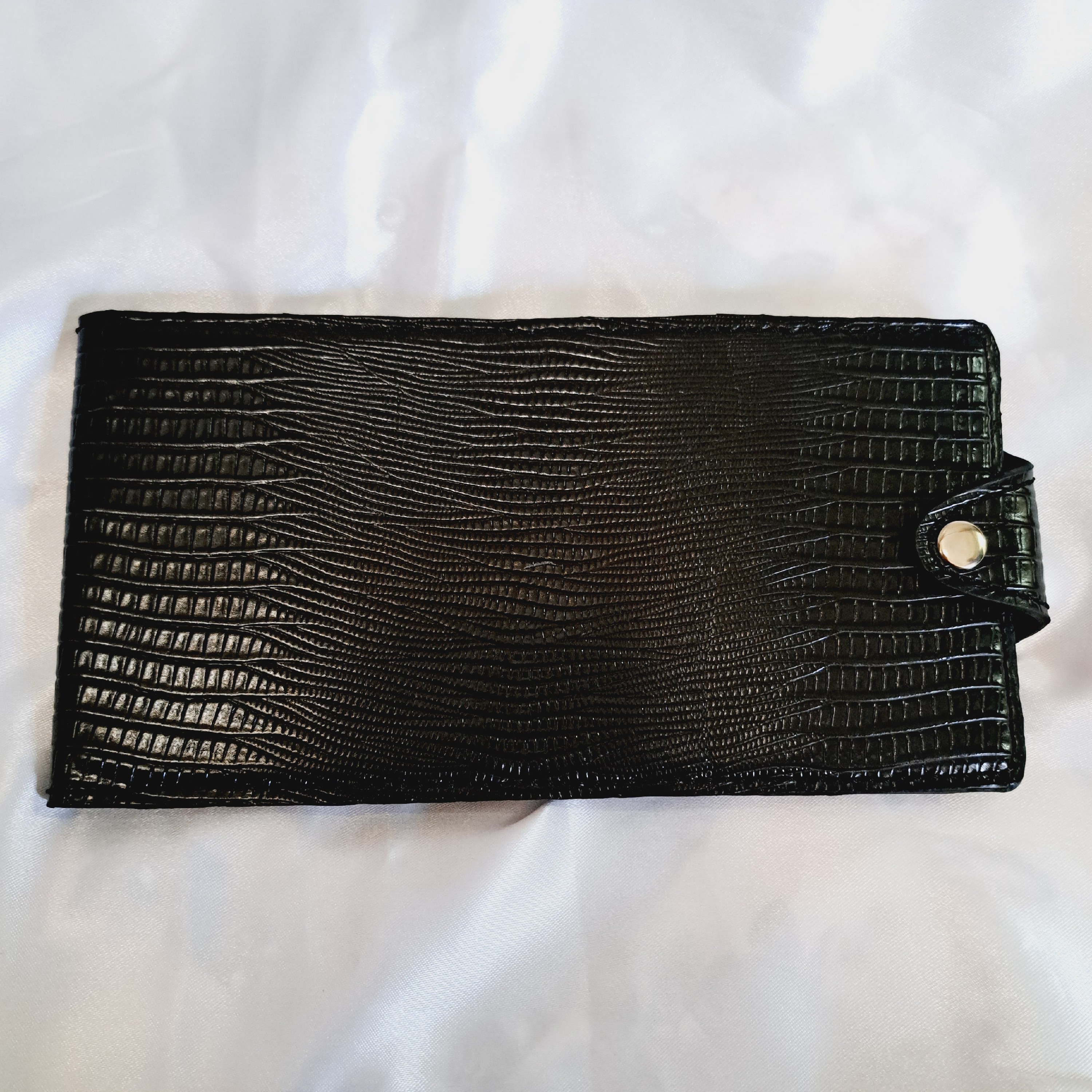 کیف دسته چک چرم لیزارد رنگ مشکی کاملا دست دوز 