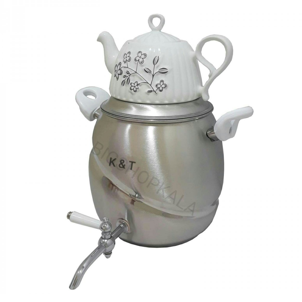 کتری قوری  کی اند تی
استفاده از چدن ضخیم در کفه کتری
استفاده از استیل ضد زنگ در بدنه
دسته های نسوز از جنس باکالیت