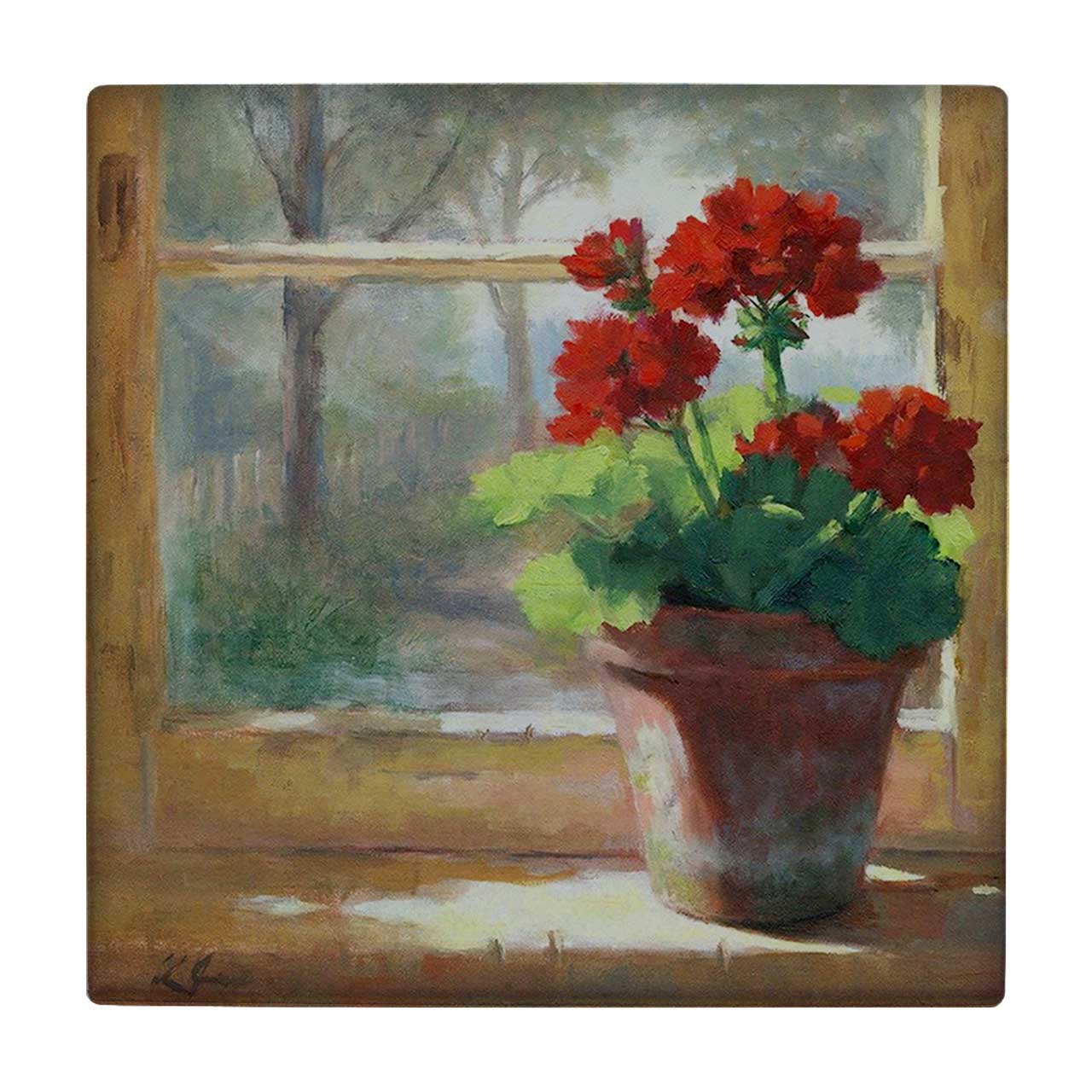 کاشی کارنیلا طرح نقاشی گلدان شمعدانی پشت پنجره مدل لوحی کد klh657