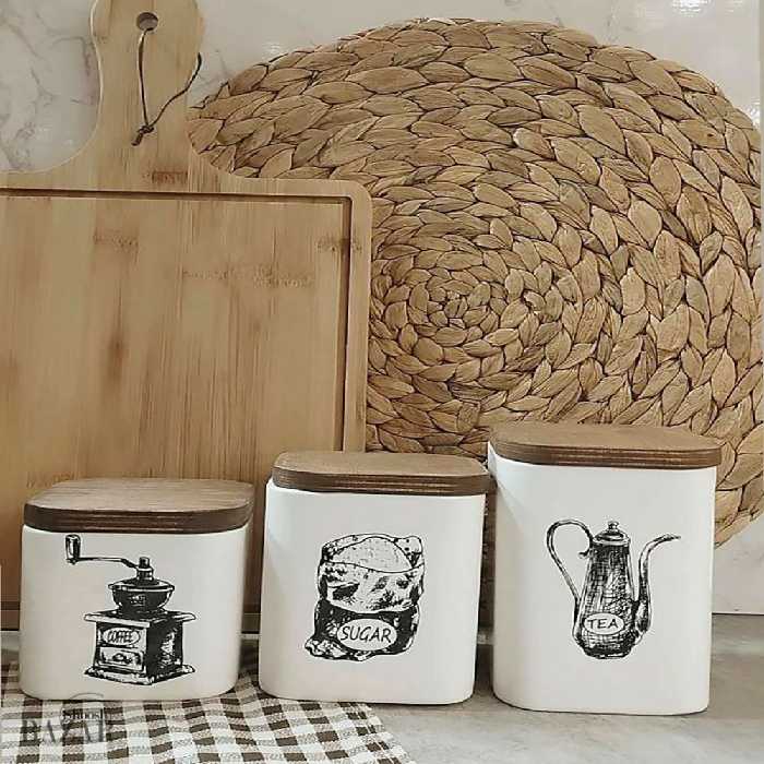 ست بانکه سه عددی سرامیک مربع عکس دار در چوبی