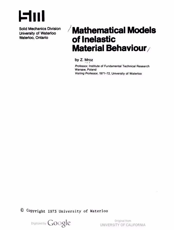 خرید و دانلود نسخه کامل کتاب Mathematical models of inelastic material behaviour BY Mroz - pdf