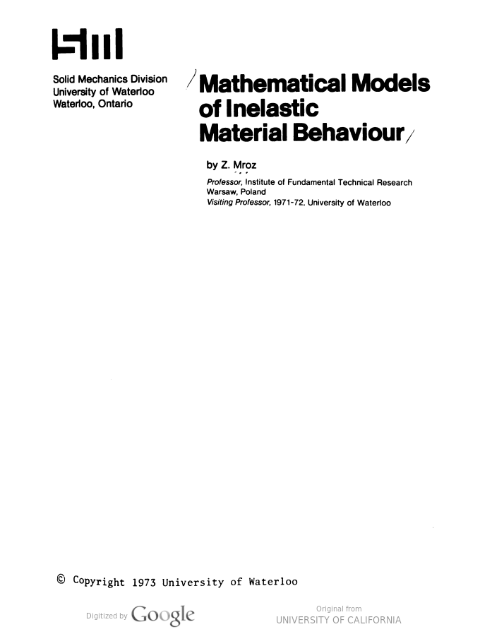 خرید و دانلود نسخه کامل کتاب Mathematical models of inelastic material behaviour BY Mroz - pdf
