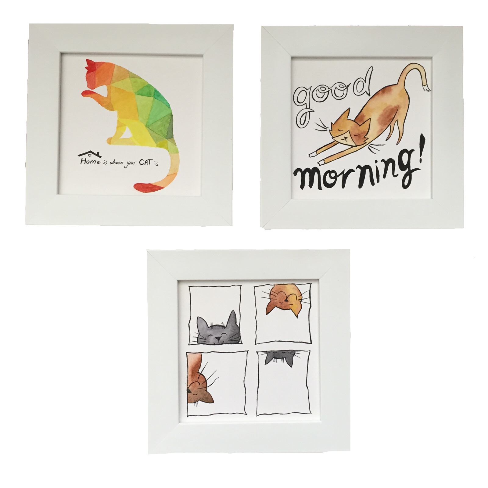 تابلو نقاشی آبرنگ طرح گربه کد BT-011 مجموعه 3 عددی