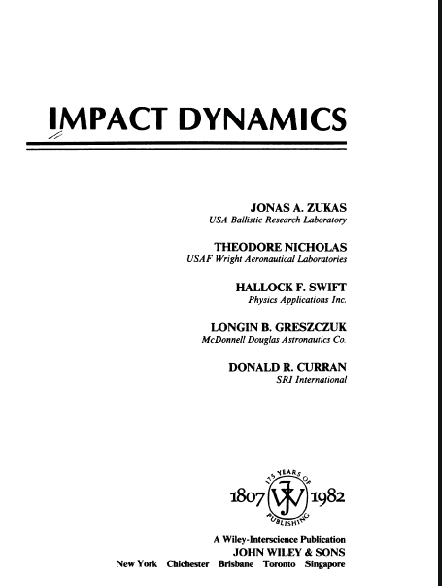 خرید و دانلود نسخه کامل کتاب Impact Dynamics BY Zukas - Pdf