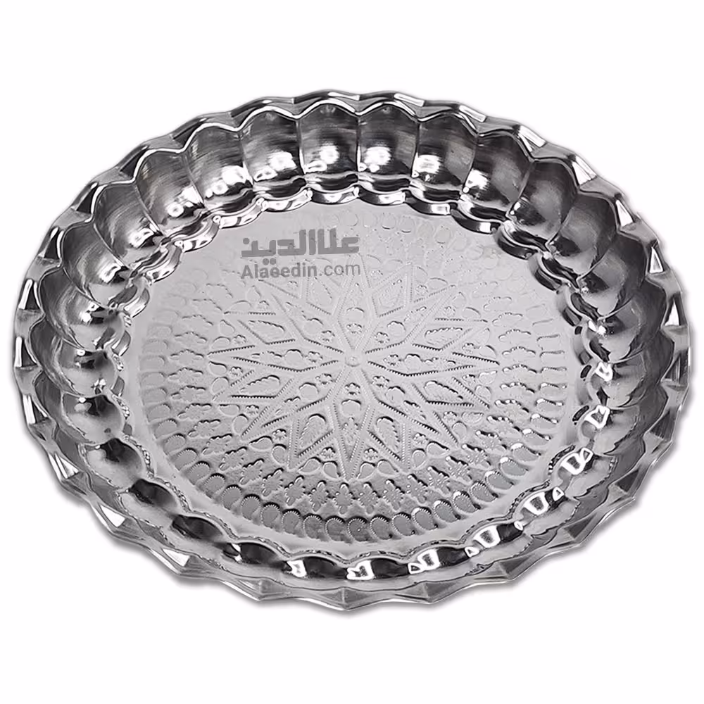 سینی گرد استیل لب کنگره ای سینی استیل گرد طرح خورشید سایز 24