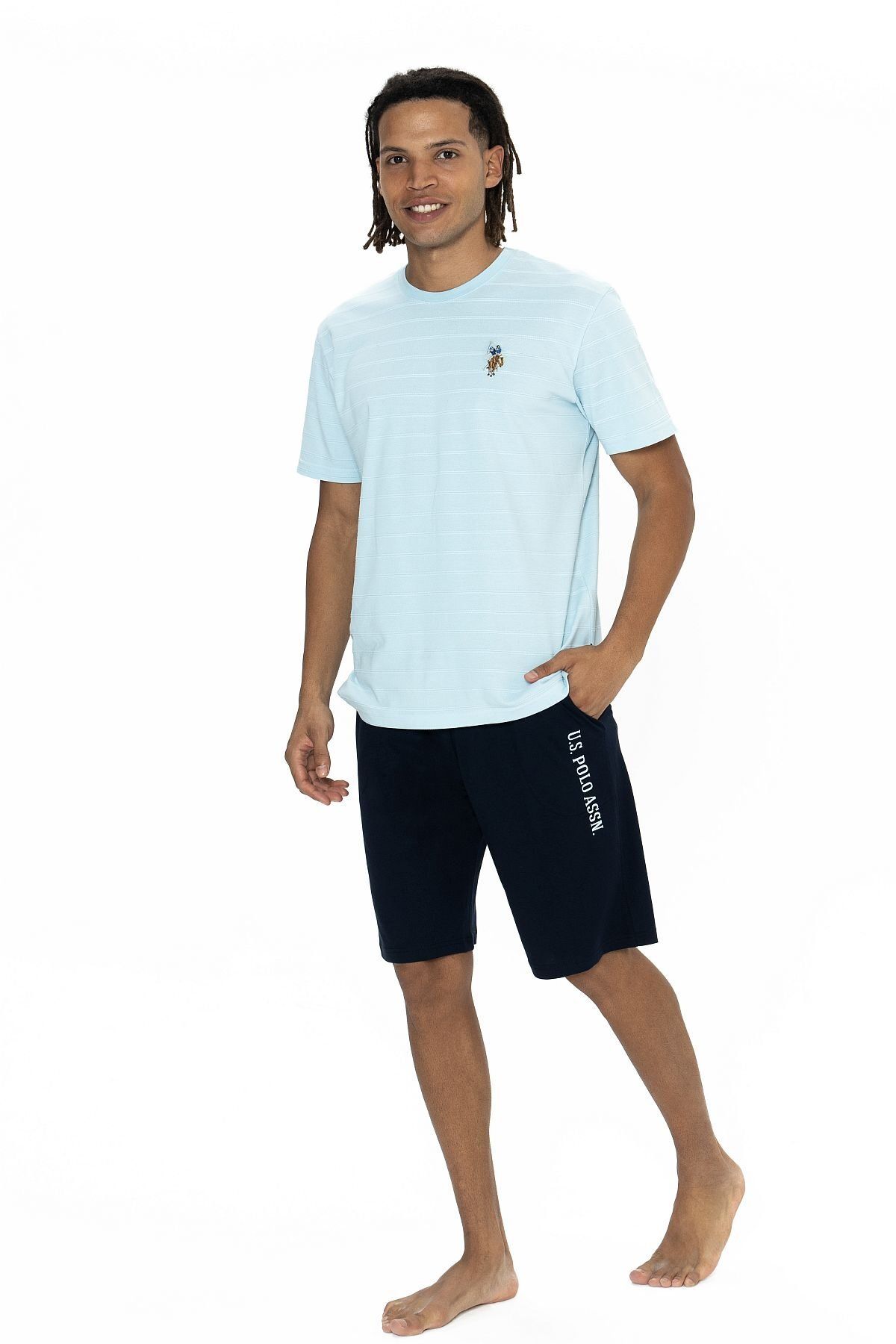 ست پیژامه آبی مردانه US POLO ASSN لباس خواب آستین کوتاه با شورت های یقه US Polo Assn