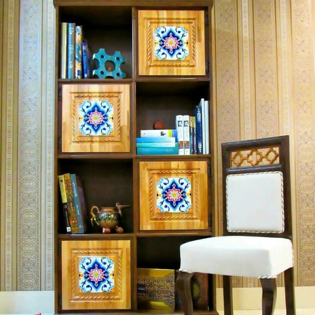 کتابخانه چوبی و تزیین کاشی.ویترین.بوفه.کمد.  قفسه.استند .شلف.قابل سفارش در طرح و رنگ و ابعاد مختلف (پس کرایه)