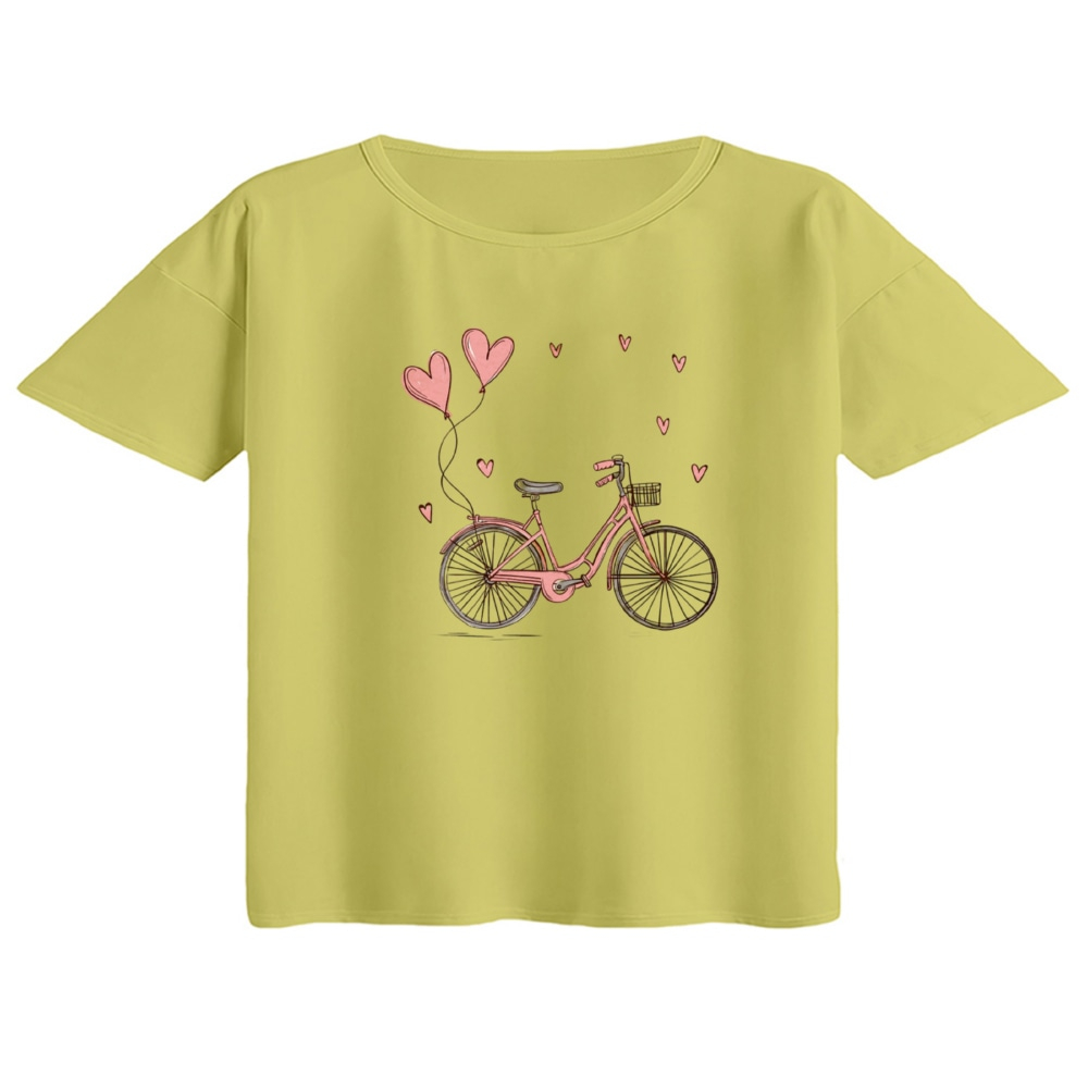 کراپ تی‌شرت آستین کوتاه زنانه مدل دوچرخه کد 1 رنگ لیمویی