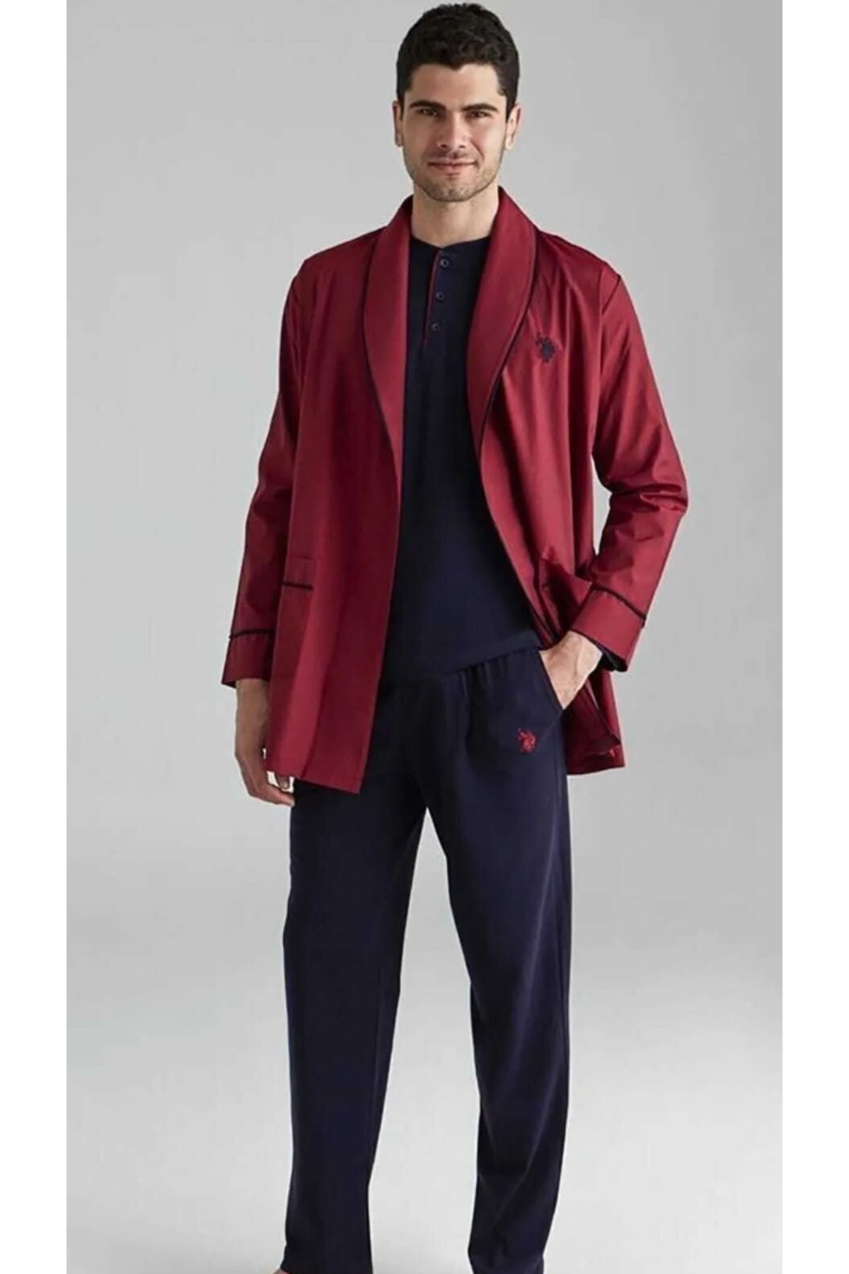ست پیژامه قرمز مردانه دارای مجوز USPA بلند کوتاه مجموعه 5 US Polo Assn