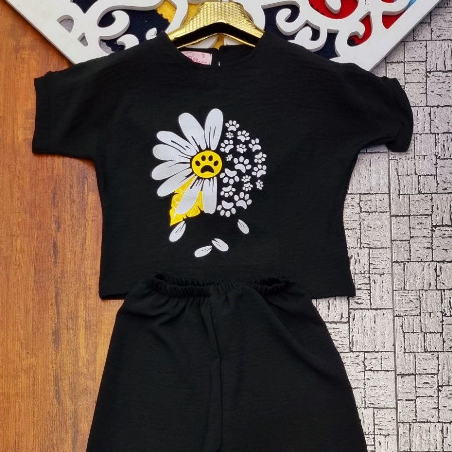 ست کراپ شلوار ک ابروبادی مشکی دخترانه گل