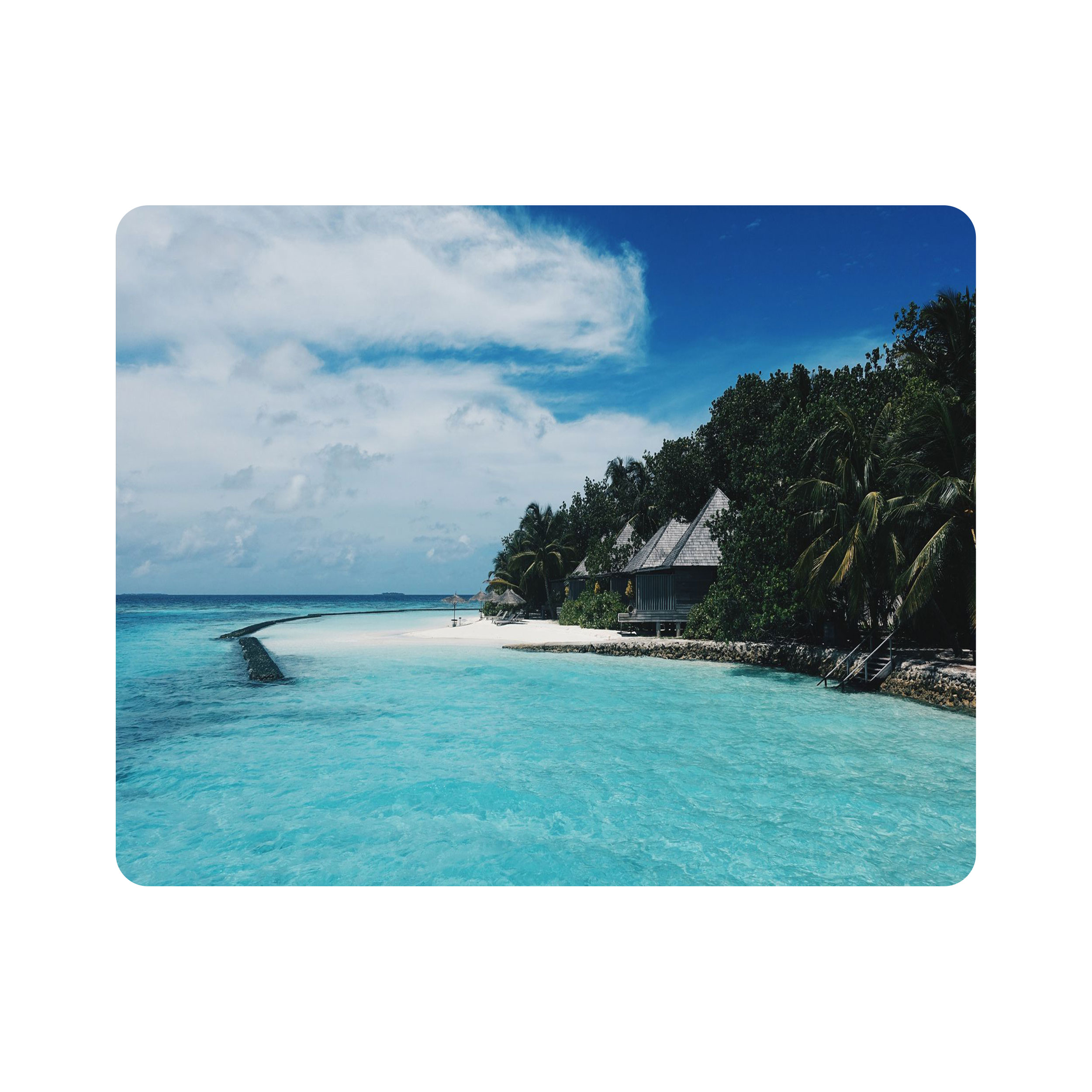 ماوس پد اطلس آبی طرح دریا و درخت و نخل و کلبه مدل T7429