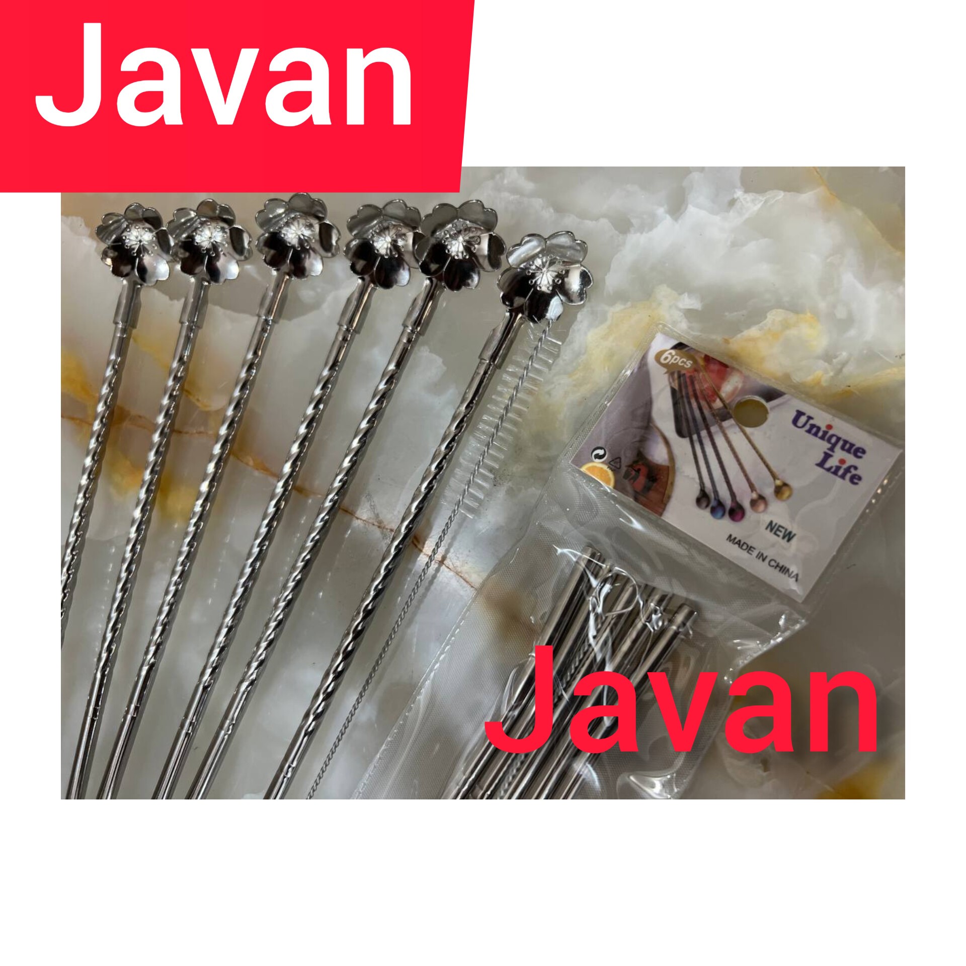 قاشق و نی پیچی شربت خوری  استیل خالص  مدل گل از برند معروف یونیک دارای فرچه  بتاوکالا