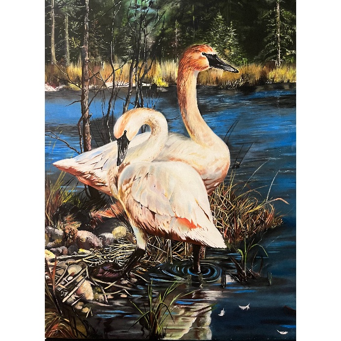 تابلو نقاشی رنگ روغن طرح قو عاشق