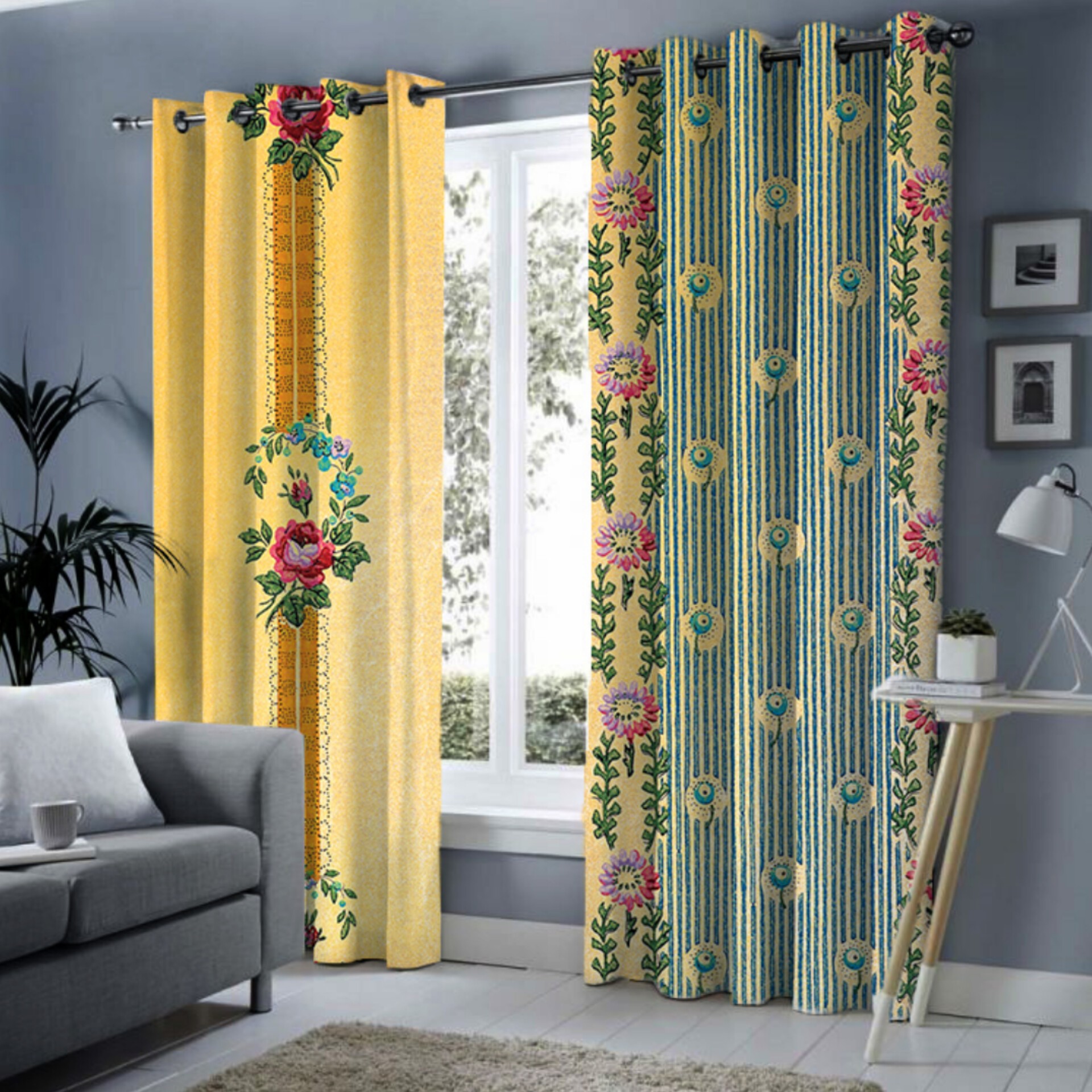 پرده پذیرایی یک قواره طرح گل با زمینه لیمویی