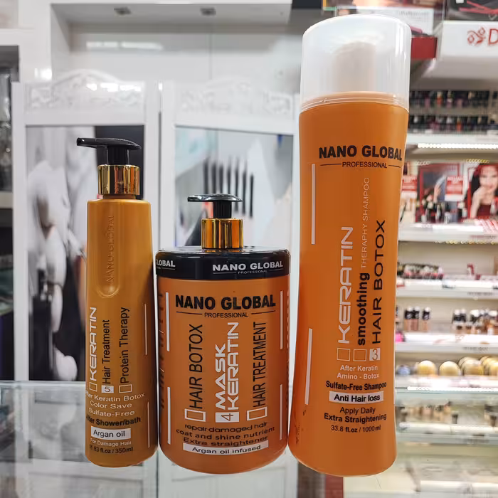 پک شامپو و ماسک داخل حمام و بیرون حمام بدون سولفات برند نانو گلوبال طلایی