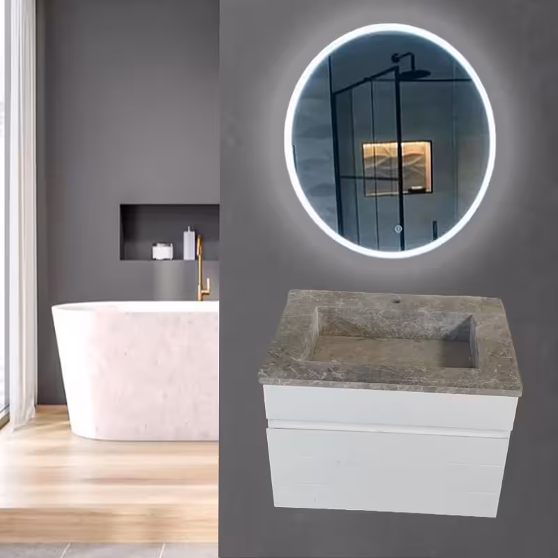 روشویی کابینتی دیواری سفید با سنگ شیبدار سیفون مخفی همراه آینه بک لایت گرد (پس کرایه)