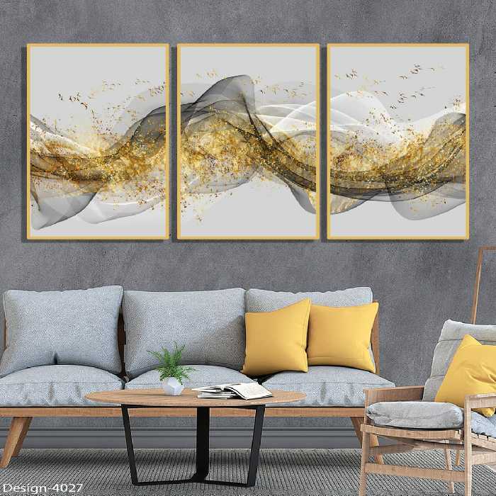 تابلو دکوراتیو مجموعه انتزاعی پرندگان طلایی 3تیکه سایز 35در50