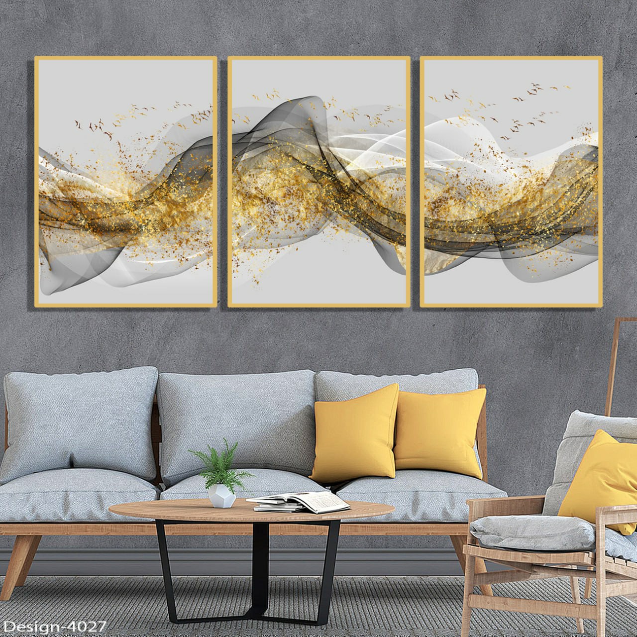 تابلو دکوراتیو مجموعه انتزاعی پرندگان طلایی 3تیکه سایز 35در50