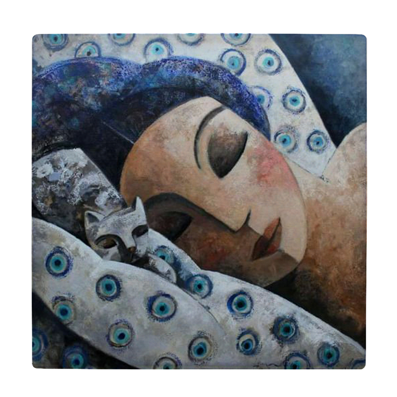 کاشی کارنیلا طرح بانوی خفته و گربه مدل لوحی کد WKB909 