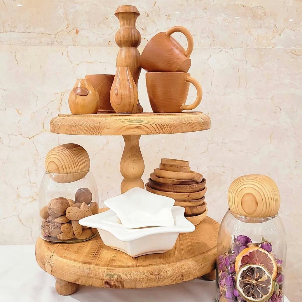 استند دوطبقه پذیرای چوبی چوب روس رنگ طبیعی چوب ضد آب پوشش گیاهی