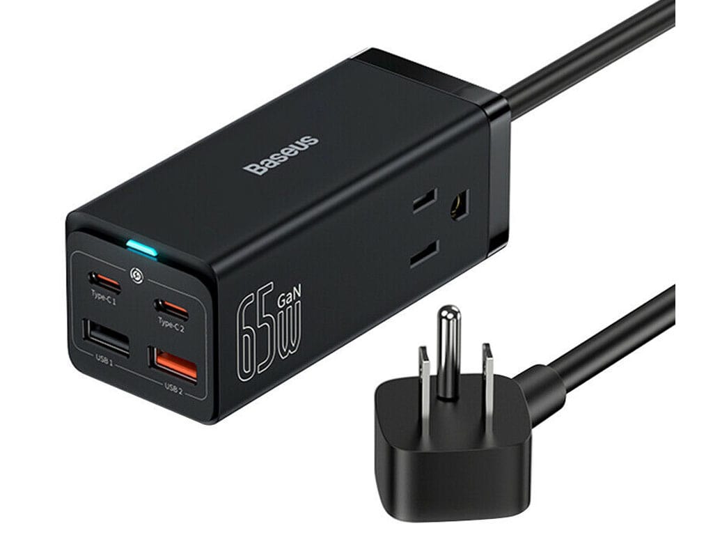 شارژر دیواری فست شارژ 65 وات با کابل تایپ‌سی 100 واتی یک متری بیسوس Baseus GaN3 Pro Powerstrip 2AC 2U 2C US PSZM000102