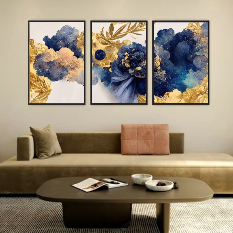 تابلو دکوراتیو لوکس آبی وطلایی سه تکه هر تکه60در40 