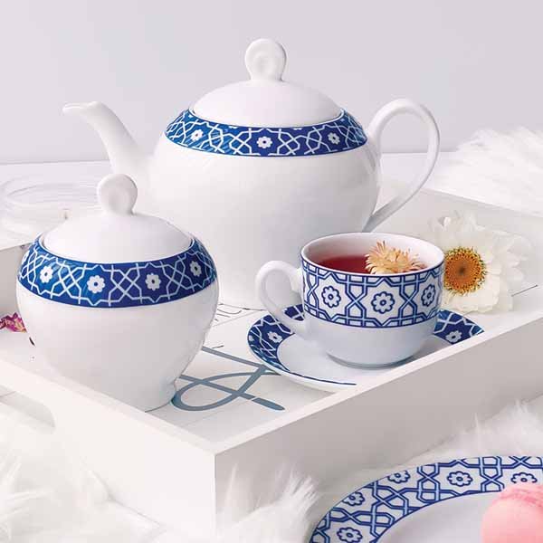 سرویس 12 نفره چینی زرین طرح میبد سرمه ای قالب ایتالیا 102 پارچه