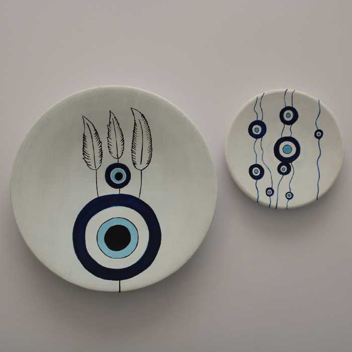 بشقاب دیوارکوب سفالی طرح چشم نظر کد FF001 مجموعه 3 عددی