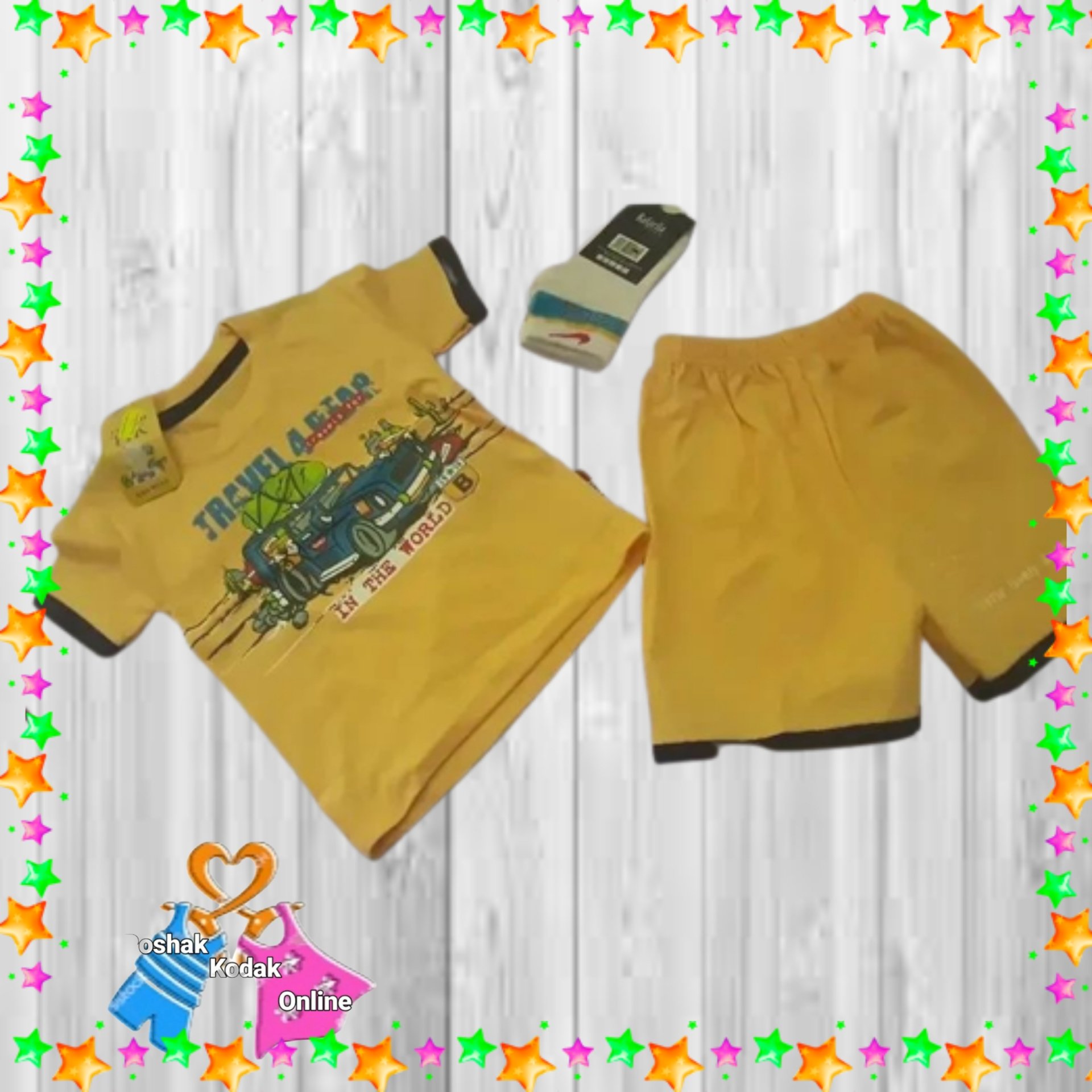 ست تیشرت وشلوارک پسرانه عروسکی جنس کار نخ پنبه اعلاء سایز 30 رنگ لیمویی 2تا 12ماه