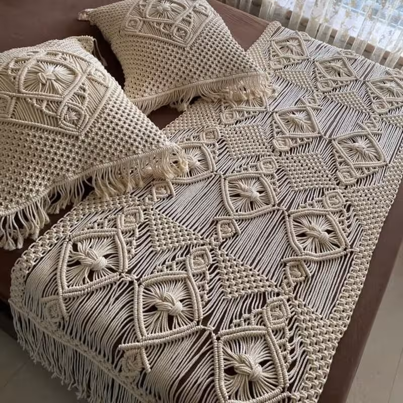 ست رو تختی و کوسن مکرومه